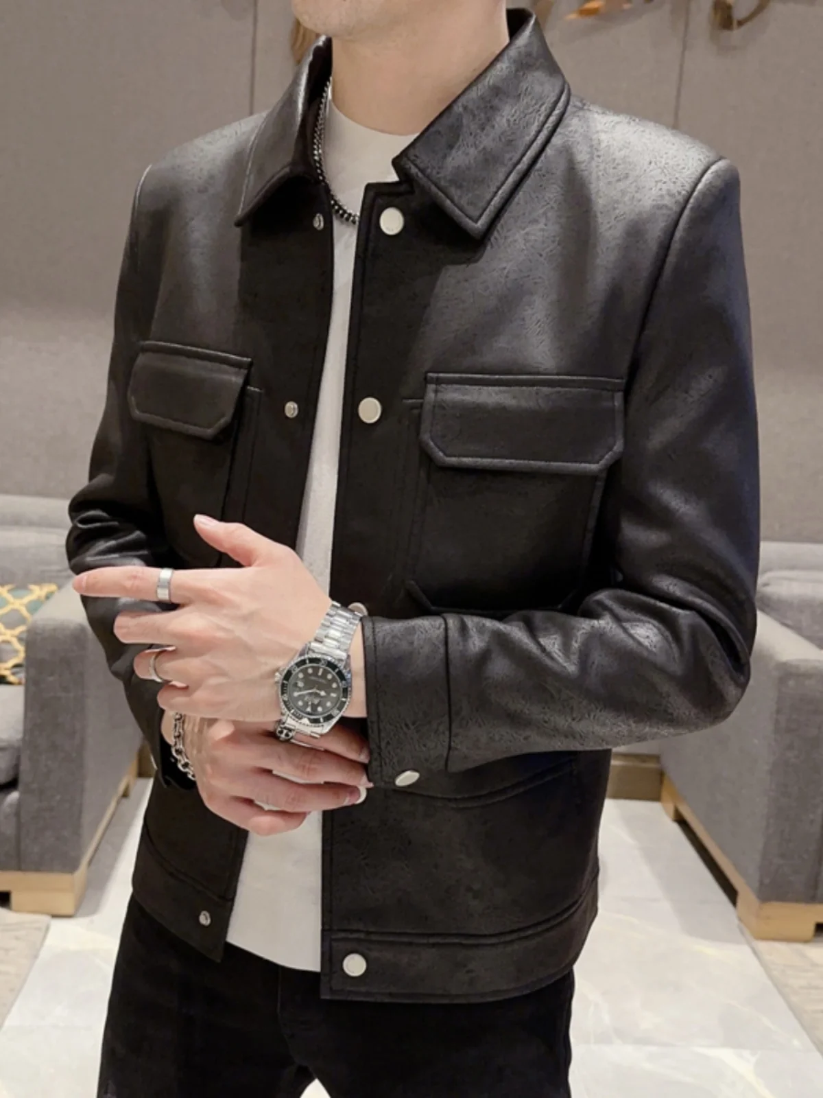 

Мужская кожаная куртка Sli Casual, однотонная, приталенная, с воротником, укороченная, модная, новая, осенняя коллекция, из искусственной кожи (PU)