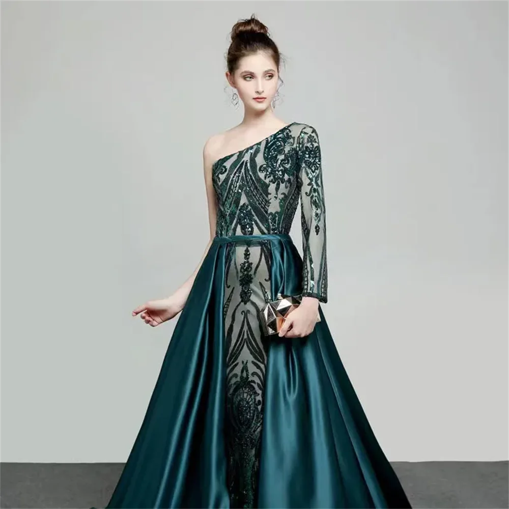 2023 New Prom Dresses Emerald Green Detachable tail Mermaid One Shoulder sexy Sequins Party Dresses