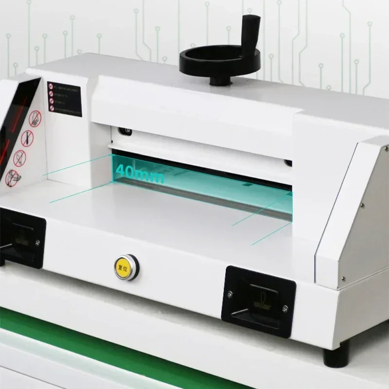 Automatic heavy-duty paper cutter; a 220V desktop electric model suitable for cutting various documents and bid proposals.