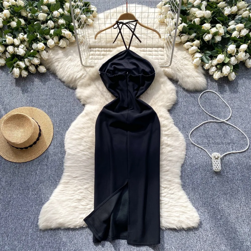 2025 신상 블랙 라인스톤 홀터 드레스 여성 컷아웃 슬림 바디콘 맥시 드레스 섹시 갈라 파티 레드카펫 가운