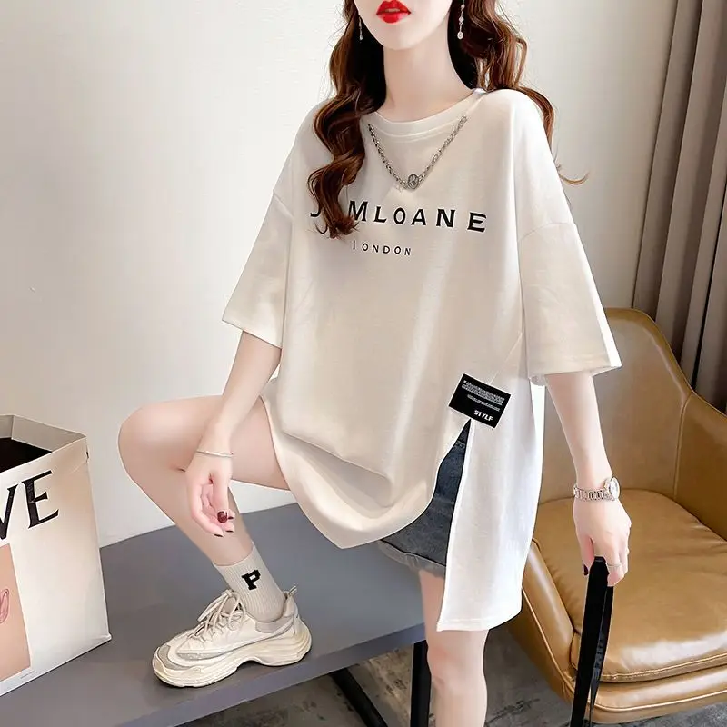 Short Sleeved T-shirt for Women in Summer Korean Loose Long Irregular Slit Tops Tees Woman