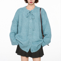Women's Korean-Style Loose and Lazy Style Knitted Cardigan2025Autumn and Winter New Lace-up Crew Neck Single-Breasted Sweater Co