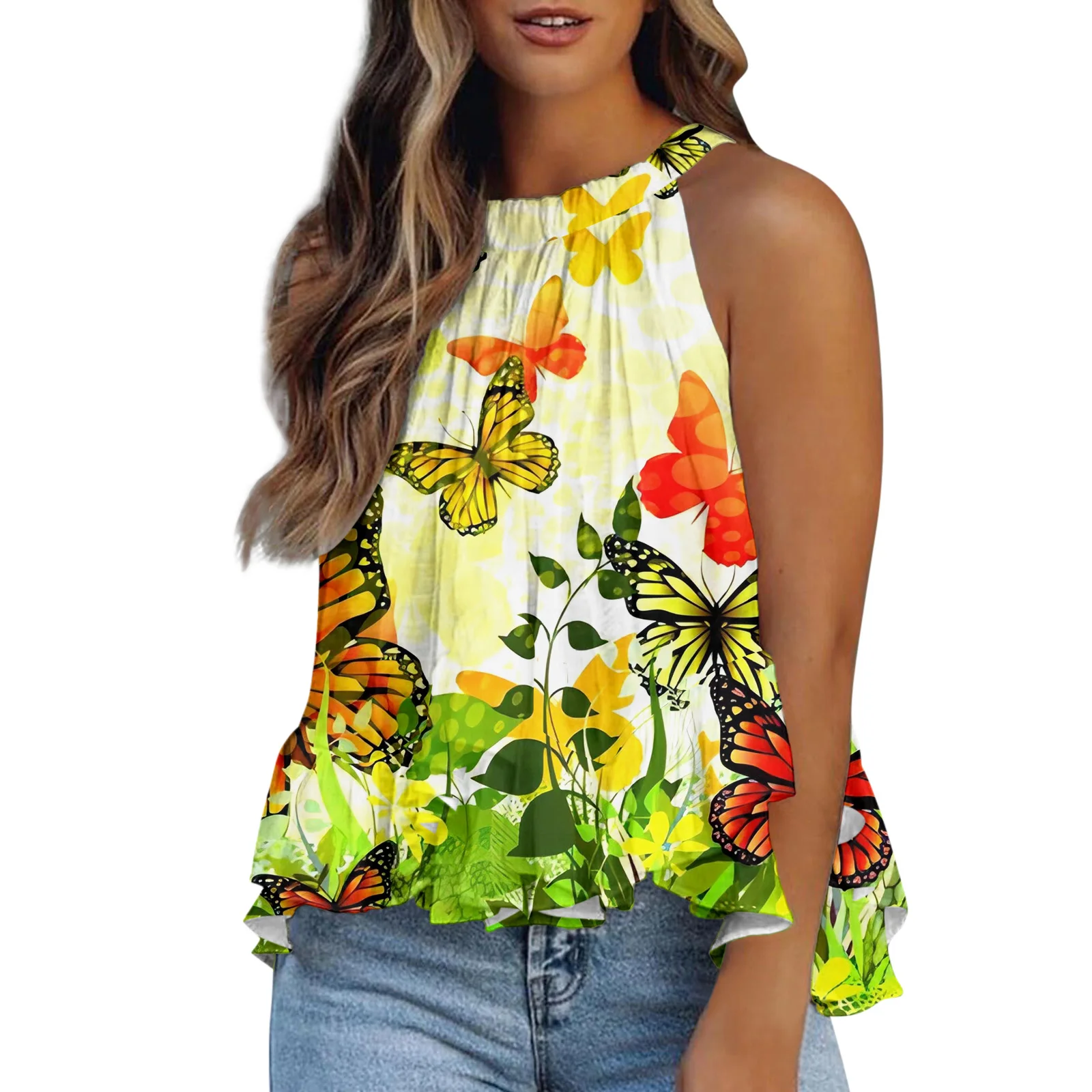 Sexy Halter Top Pleated Women\'s Chiffon Shirt Halter Vest Sleeveless Top Beach Loose Fashion Top Summer Elegant 3D Vest