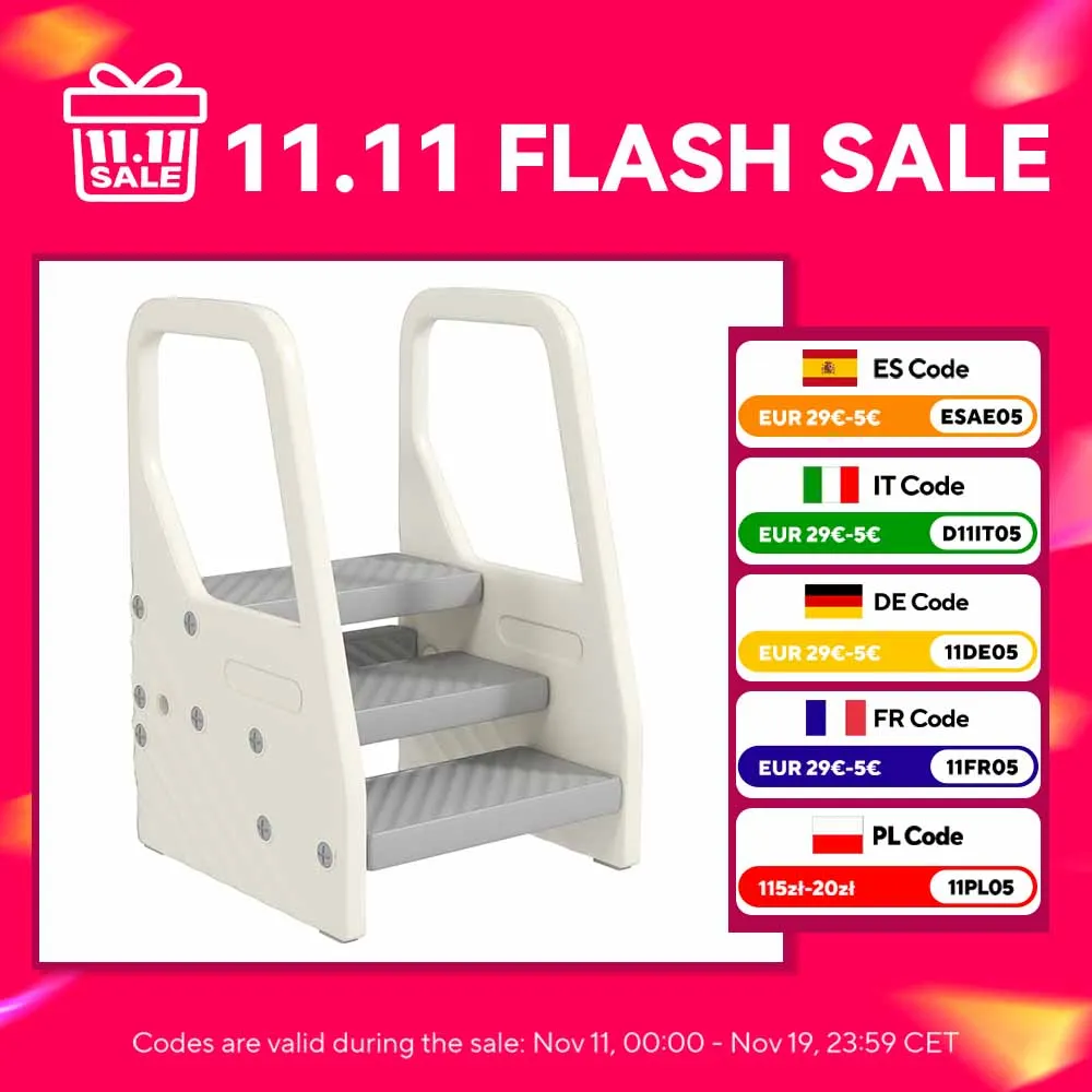 Taburete para Niños Ajustable de 2 a 3 Peldaños para Niños de 2-5 Años Gris