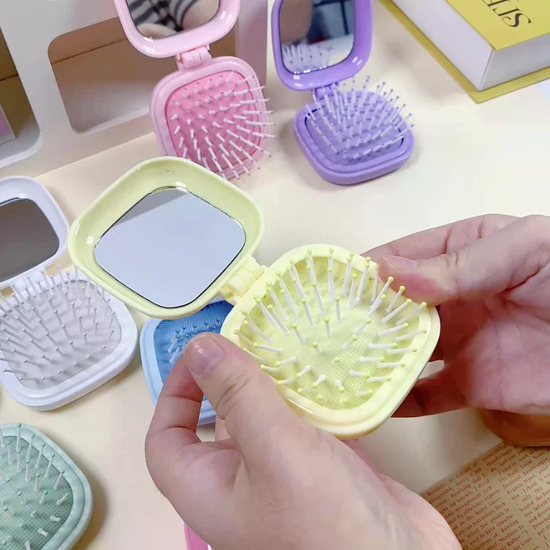 Cute Candy Colored Air Cushion Comb Small Size Travel Portable Massage Comb Folding Mirror Comb Women's Hair Brush Styling Tool