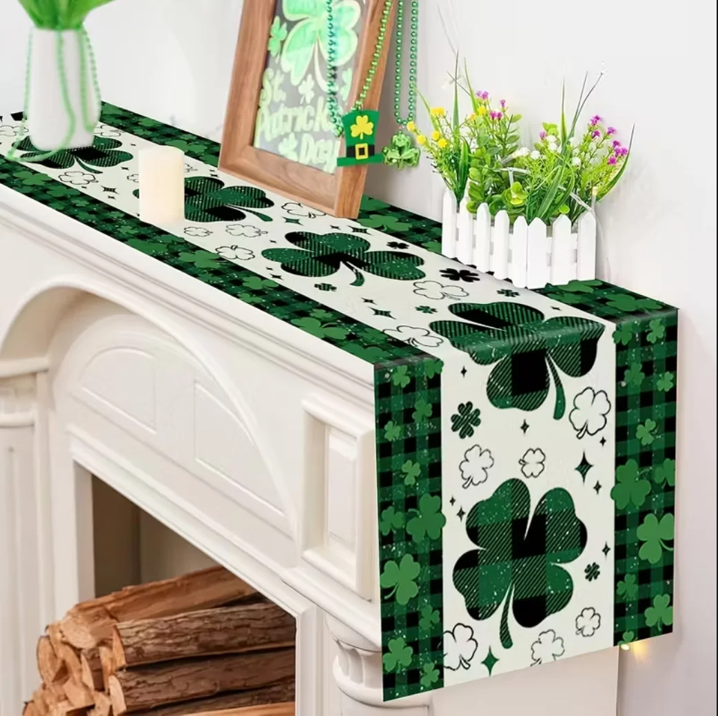 1 Stück, Tischläufer zum St. Patrick's Day, Kleeblatt-Buffalo-Karo, Vintage-Tischdekoration, Feiertagsdekoration für Frühling, Küche, Esszimmer, Zuhause, Party