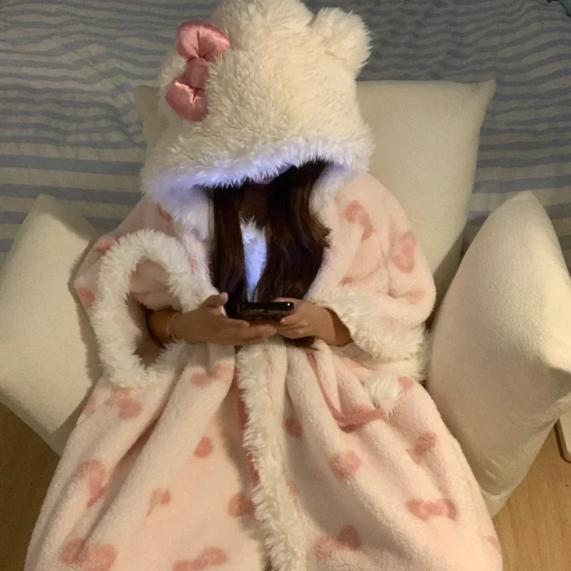 새로운 산리오 헬로 키티 플러시 후드 귀여운 소녀 겨울 가운 홈웨어 세트 두꺼운 산호 양털 따뜻한 잠옷 크리스마스 선물