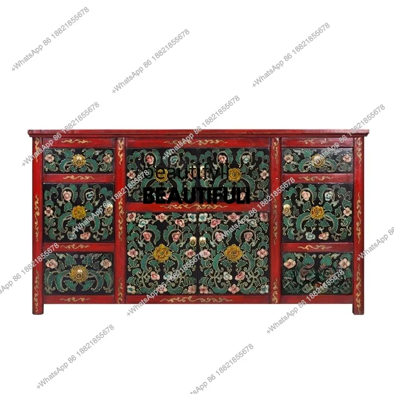 ss8350 Retro solid wood cabinet Chinese antique do old side cabinet old elm hand-painted Tibetan painting, locker