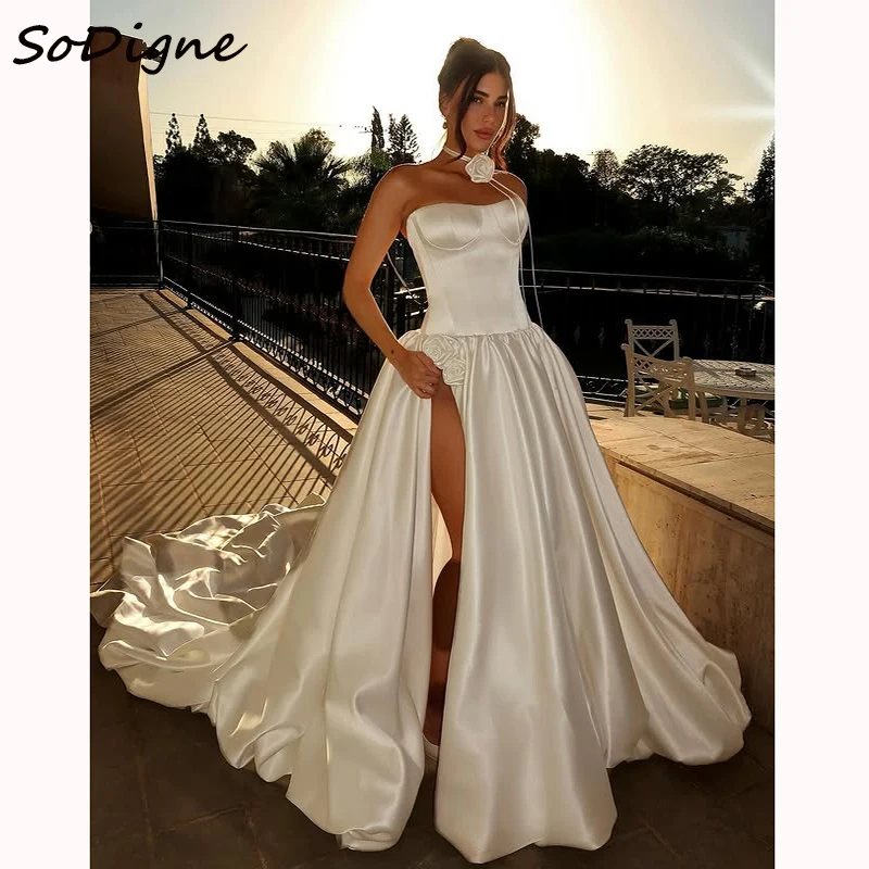 

SoDigne A-line Satin Simple Wedding Dresses Strapless Sleeveless Bridal Dress Split Long Wedding Gown Robe De Mairee ﻿Customized