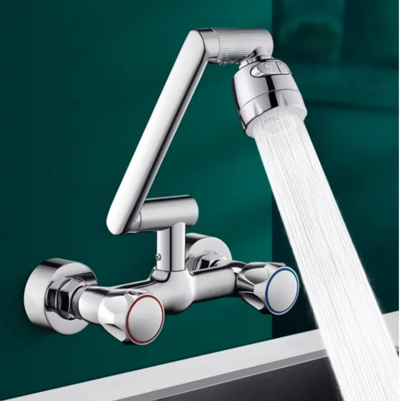 Wall Mounted Kitchen Faucet 2 Function Bathroom Kitchen Sink Washbasin Dual Handle Cold Hot Water Mixer Valve Tap 360 Degree