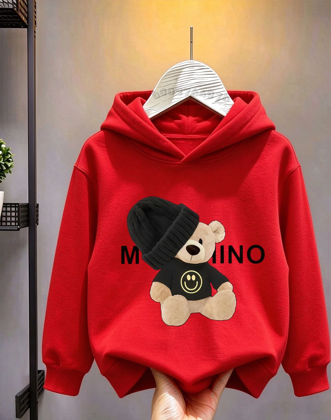Kids Hoodie Sweatshirt,Cartoon Bear With Beanie Hat Smiley Face Letter Print, Long Sleeve Fleece Warm Pullover for Autumn Winter