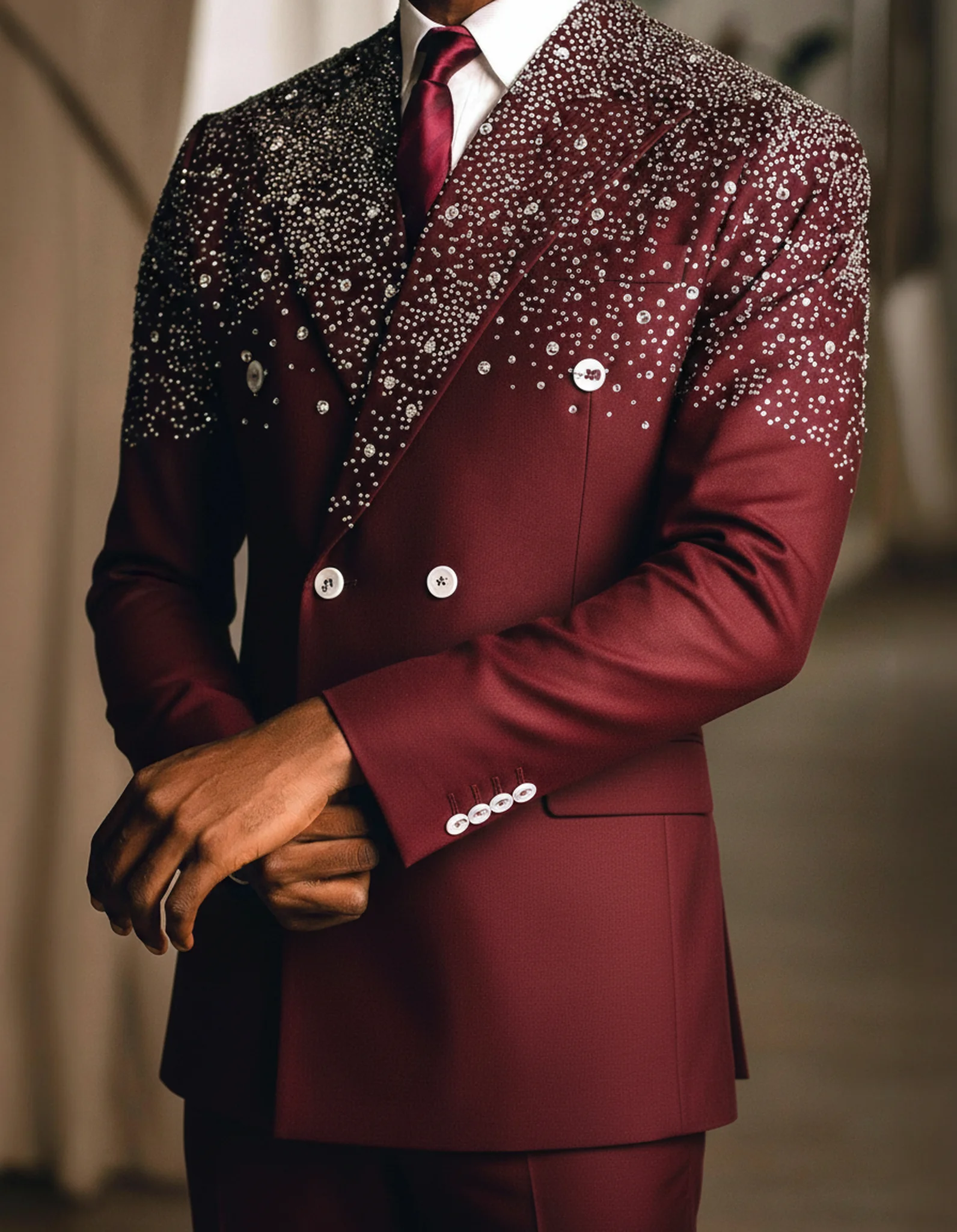 Modern Hot Fix Wedding Suits For Groom Peaked Lapel Double Breasted Tuxedos 2 Pcs Jacket Pants Evening Party Prom Customized image 3