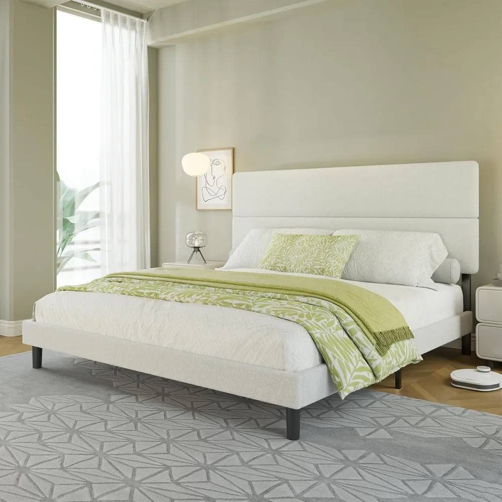 إطار سرير منجد من AMERLIFE بحجم كوين، سرير بمنصة مع لوح رأسي عالي قابل للتعديل 47.3 بوصة وشرائح خشبية قوية، بدون Bo