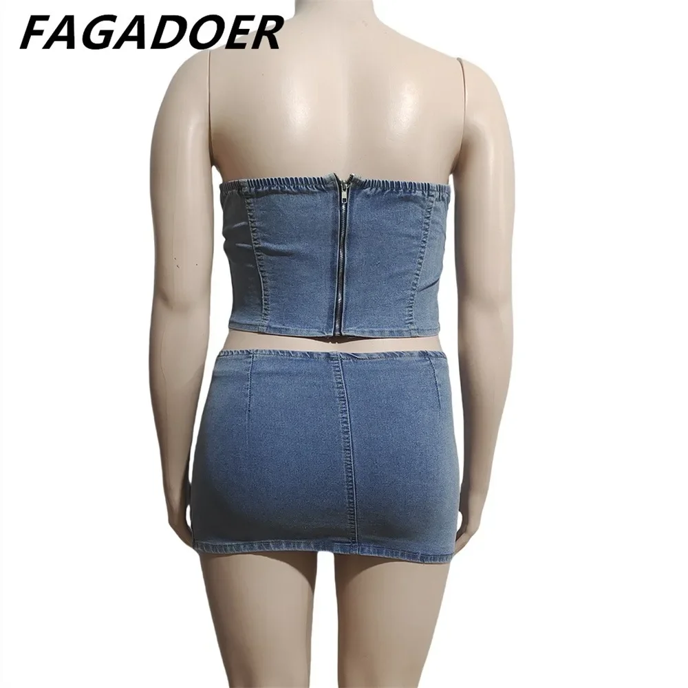 FAGADOER Sexy Hollow Out Denim Mini Spódniczki Dwuczęściowe Zestawy Dla Kobiet Off Shoulder Sleeveless Backless Slim Tube And Skirt Outfits