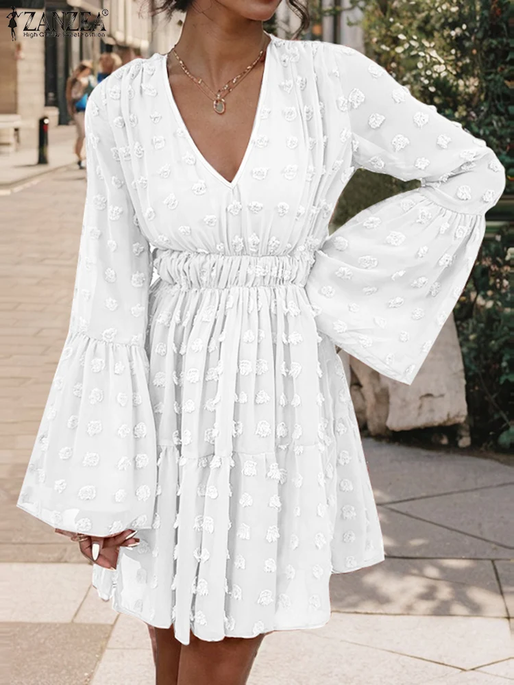 

ZANZEA Vintage V-neck Dress Women Long Flare Sleeve Sundress Elegant Texture Fabric Pleating Waisted Robe 2025 Summer Mini Dress