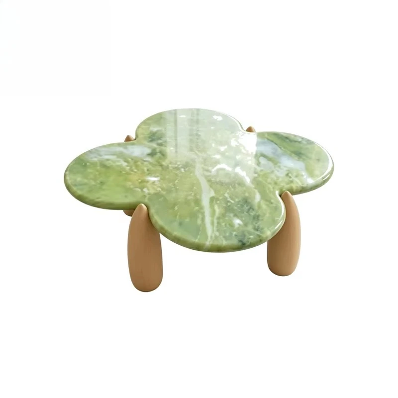 Green Clover Marble Coffee Table, Natural Luxury Stone with Solid Wood Legs, Living Room Center Decorative Table