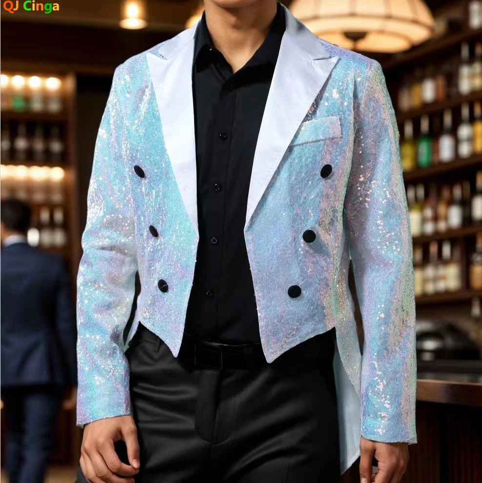 White Men\'s Glitter Sequin Tuxedo,Wedding Party Dress Jacket,Silver Red Gold Blue Available Blazers, Eur Size S-XXL