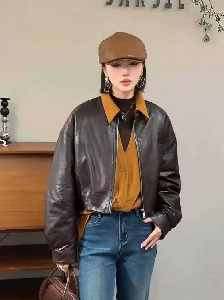 

2025 New Style Women's Sheepskin Leather Jacket Short Biker Coat Slimming Top Zipper Closure Long Sleeve round Neck Outerwear