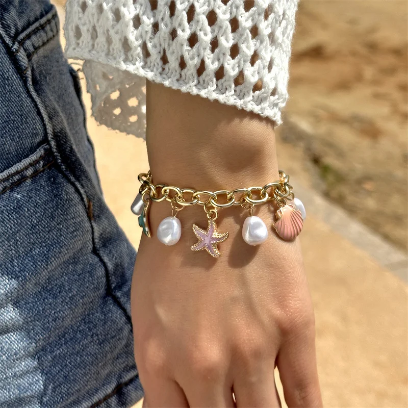 Neue Mode Ozean Seestern Shell Conch Charme Armbänder Für Frauen Gold Farbe Metall Kette Anhänger Böhmischen Armband Schmuck Geschenk