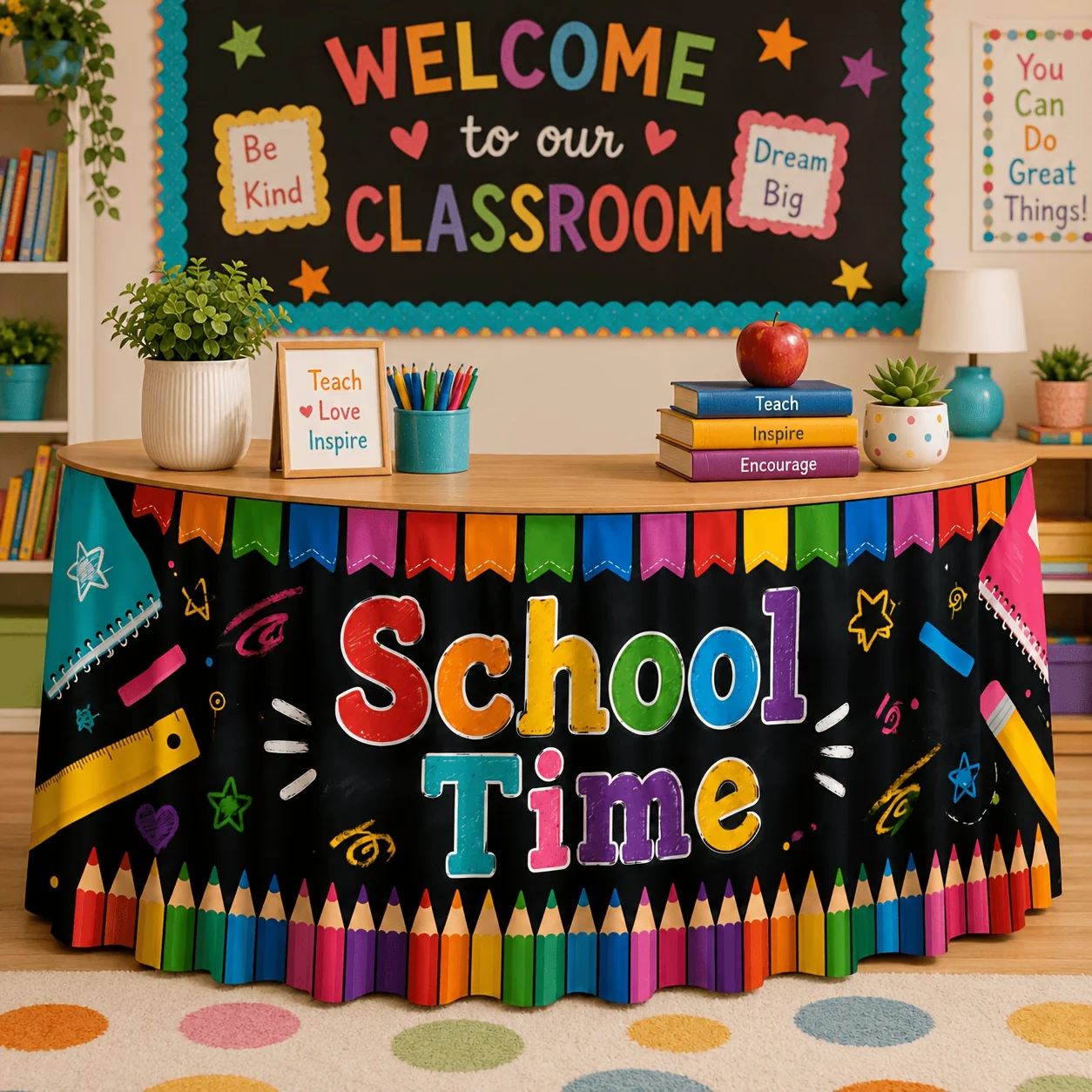 Party table skirt 1 piece. Colorful Campus Time Design. Suitable for classroom parties and weddings.