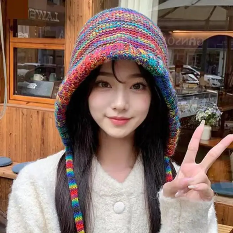 1Piece New Rainbow Striped Knitting Beanie Hat Women Girl Winter Warm Crochet Ear Protection Cap Mountaineering Gloves