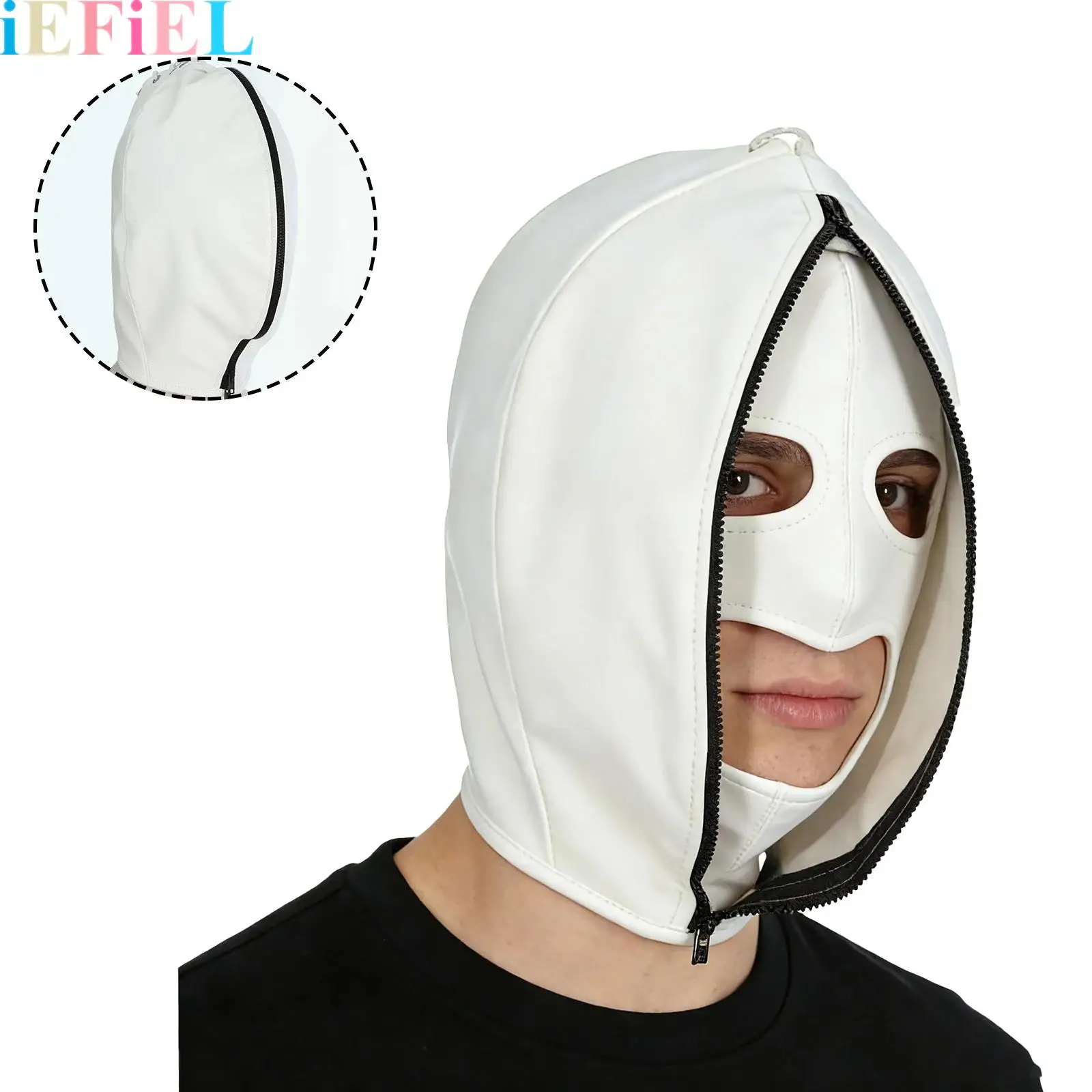 

Full Face Double Layer Headgear Zipper Restraint Head Hood Back Adjustable Lace-Up Design Leather Bondage Masks