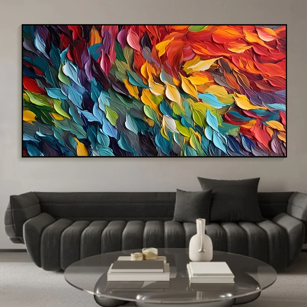 Large abstract colorful feather oil on canvas 23.6*47.2 inches /60*120 cm - frameless modern art living room wall decoration