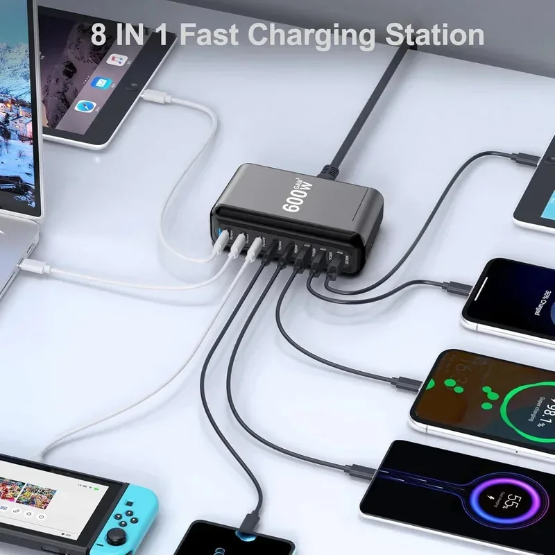 Ładowarka USB C o mocy 600 W, 8-portowa stacja ładująca USB C PD 140 W z szybkim ładowaniem GaN III — zdjęcie produktu 5