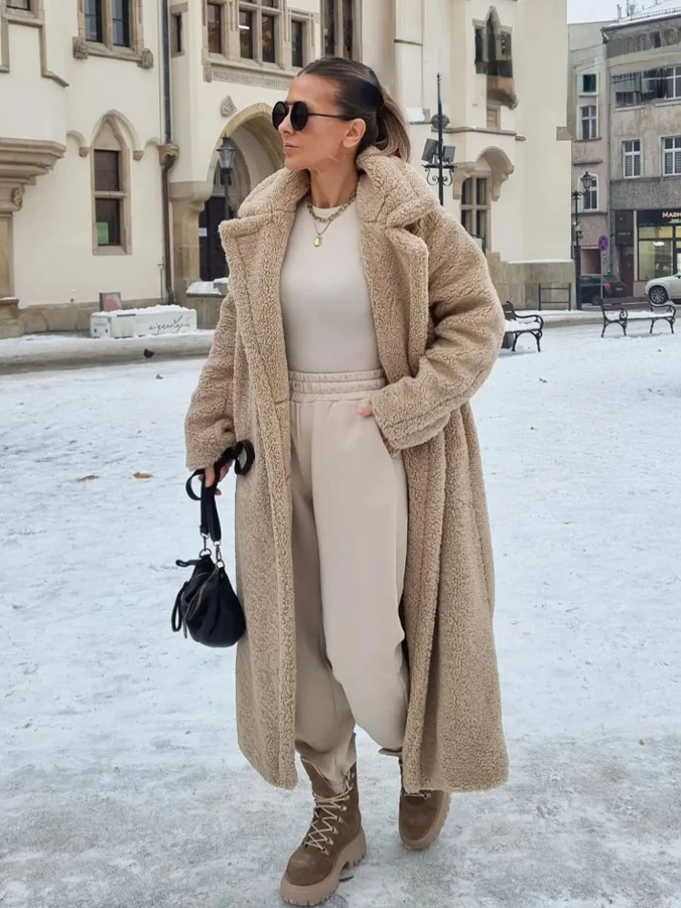 Women Faux Wool Warm Long Coat Solid Long Sleeves Lapel Double Breasted Hidden Pocket Oversize Overcoat Winter New Female Coat