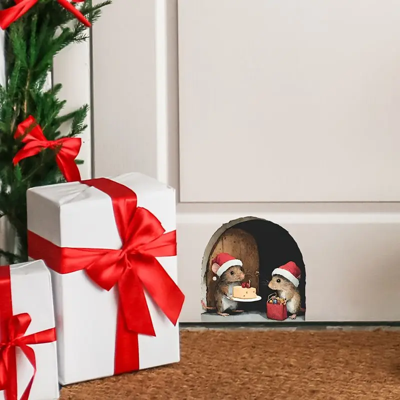 VIKAMA Christmas Mouse Door Openings Wall Sticker, Self-Adhesive Creative 3D Decal for Living Room Entrance Decor