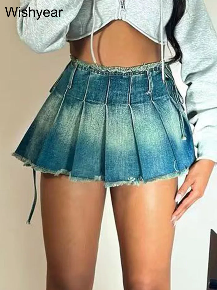 Mini-saia jeans azul plissada feminina, harajuku, elástica, bottoms curto, jogo de tudo, babados jean, vintage, hot clubwear, verão