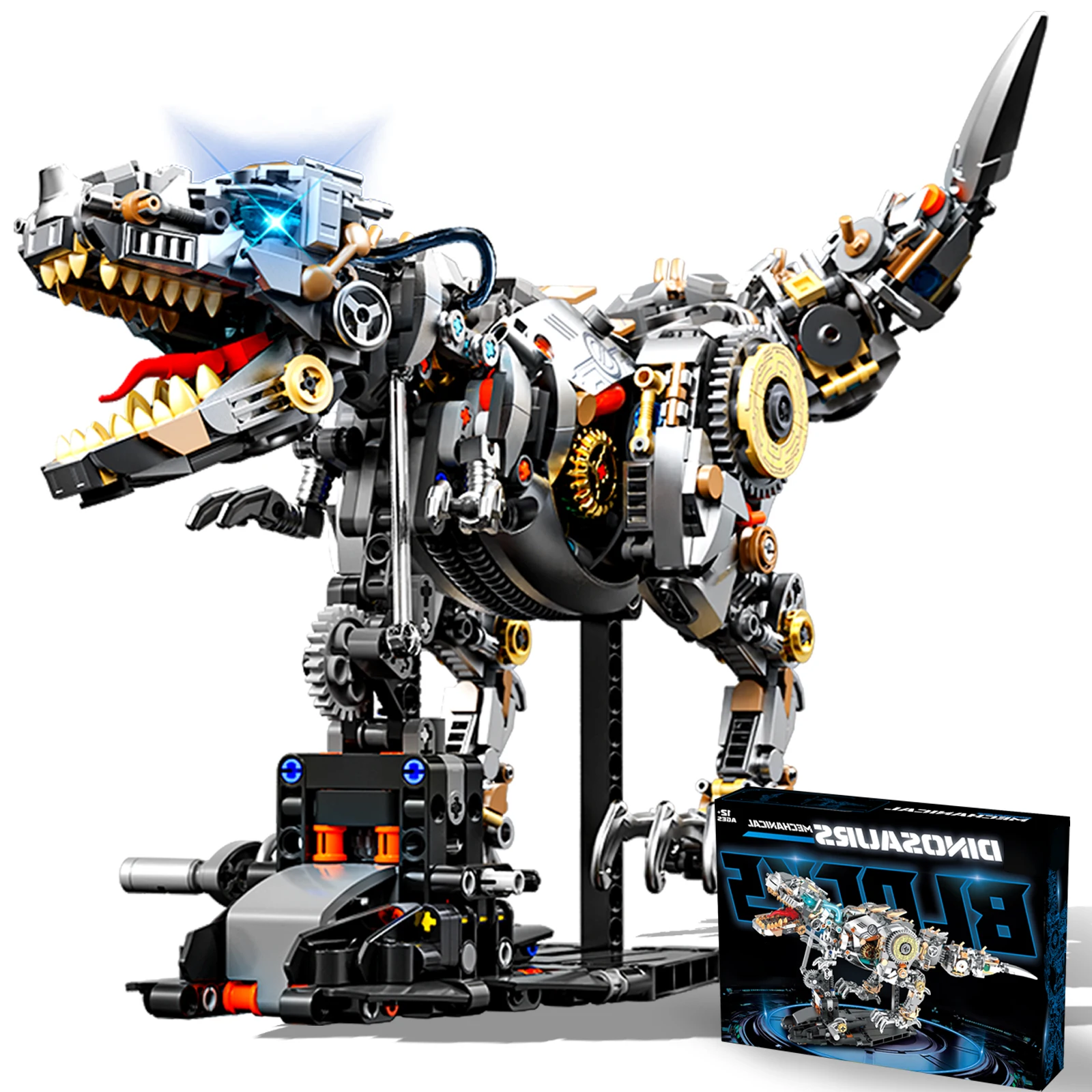 Steampunk-style Animal Building Blocks, Featuring a T-Rex with Articulated Joints and Light-up Function. Ideal for Tabletop Disp