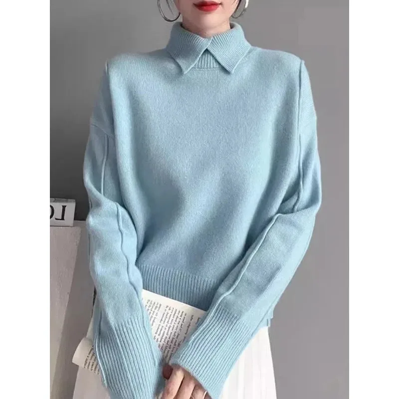 Autumn Winter New Fashion Long Sleeve Turn-down Colla Solid Sweaters Women's Clothing Loose All-match Knitting Vintage Trend Top