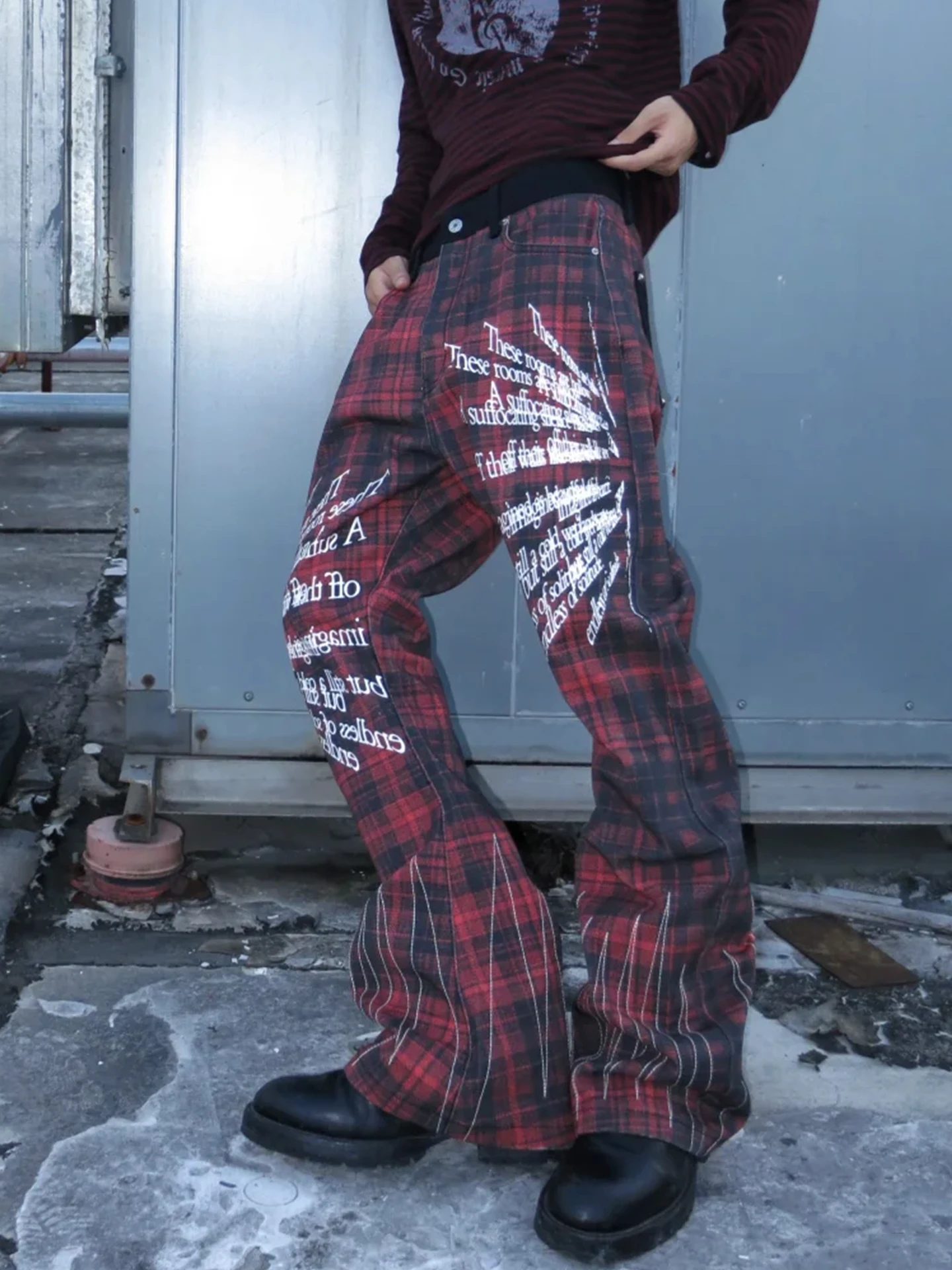 

Punk Style Plaid Denim Pants Men's Streetwear Letter Print Casual Trousers Autumn Season Red Black Grids Loose Fit Jeans
