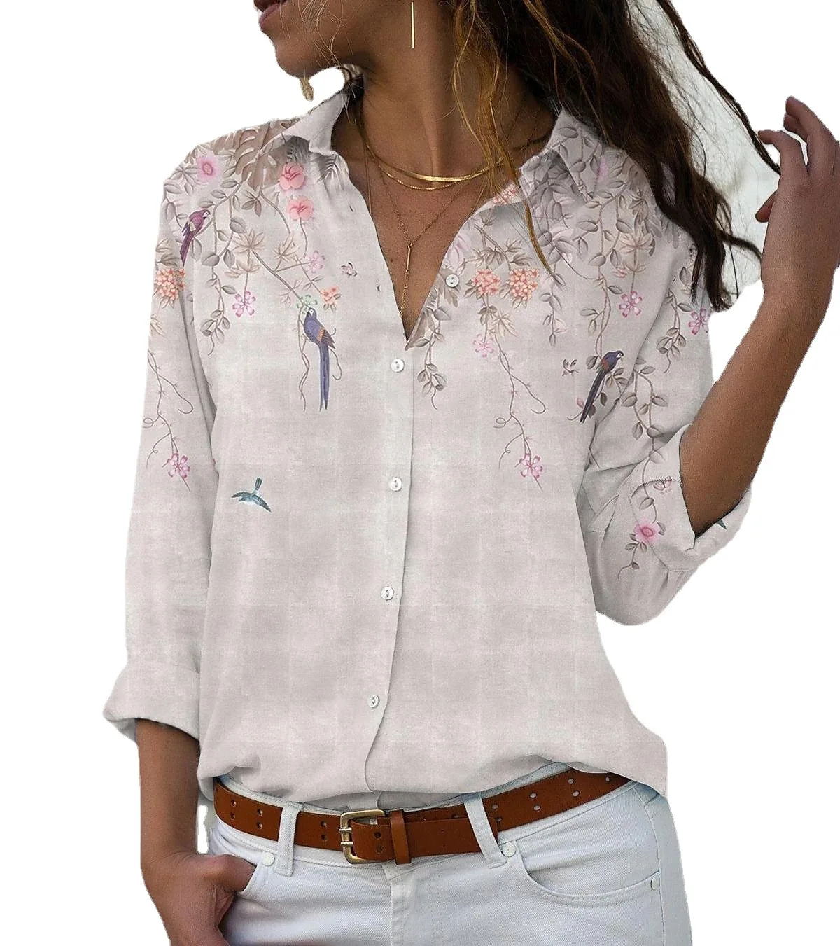 Csa E com Estampa para Mulheres, Solta, com Lapela, de Botão Único, Estilo de Rua, Cor Pura, Manga Longa, Ajuste So...