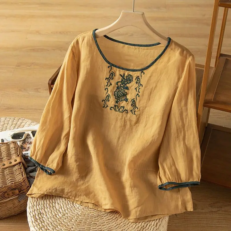 

Chinese Style Women's Summer 2024 New Patchwork Pullover O-Neck Embroidery Solid Color Loose All-match Casual 3/4 Sleeve Tops