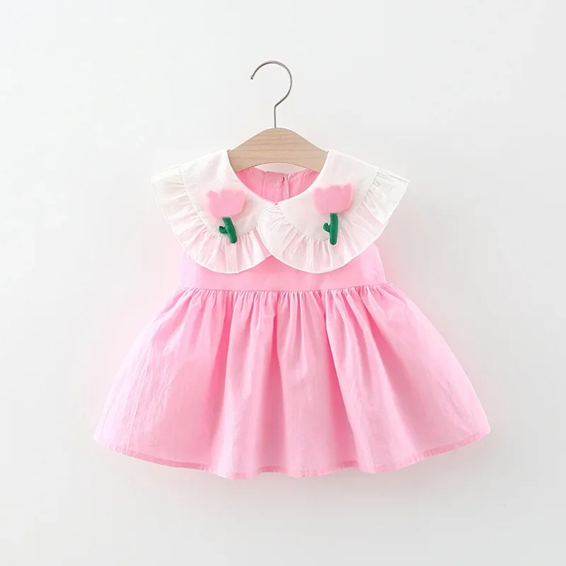 Girls' dress summer children's dress flower large lapel color blocking Korean version sweet sleeveless cotton children's dress