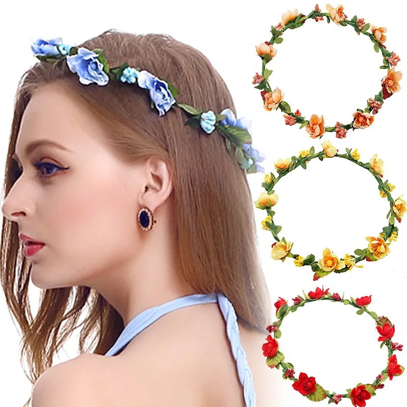 Bride Flower Crown Hairband Rope Wedding Floral Headband Garland Girl Wreath Elastic Hair Accessories Party Cosplay Headpiece