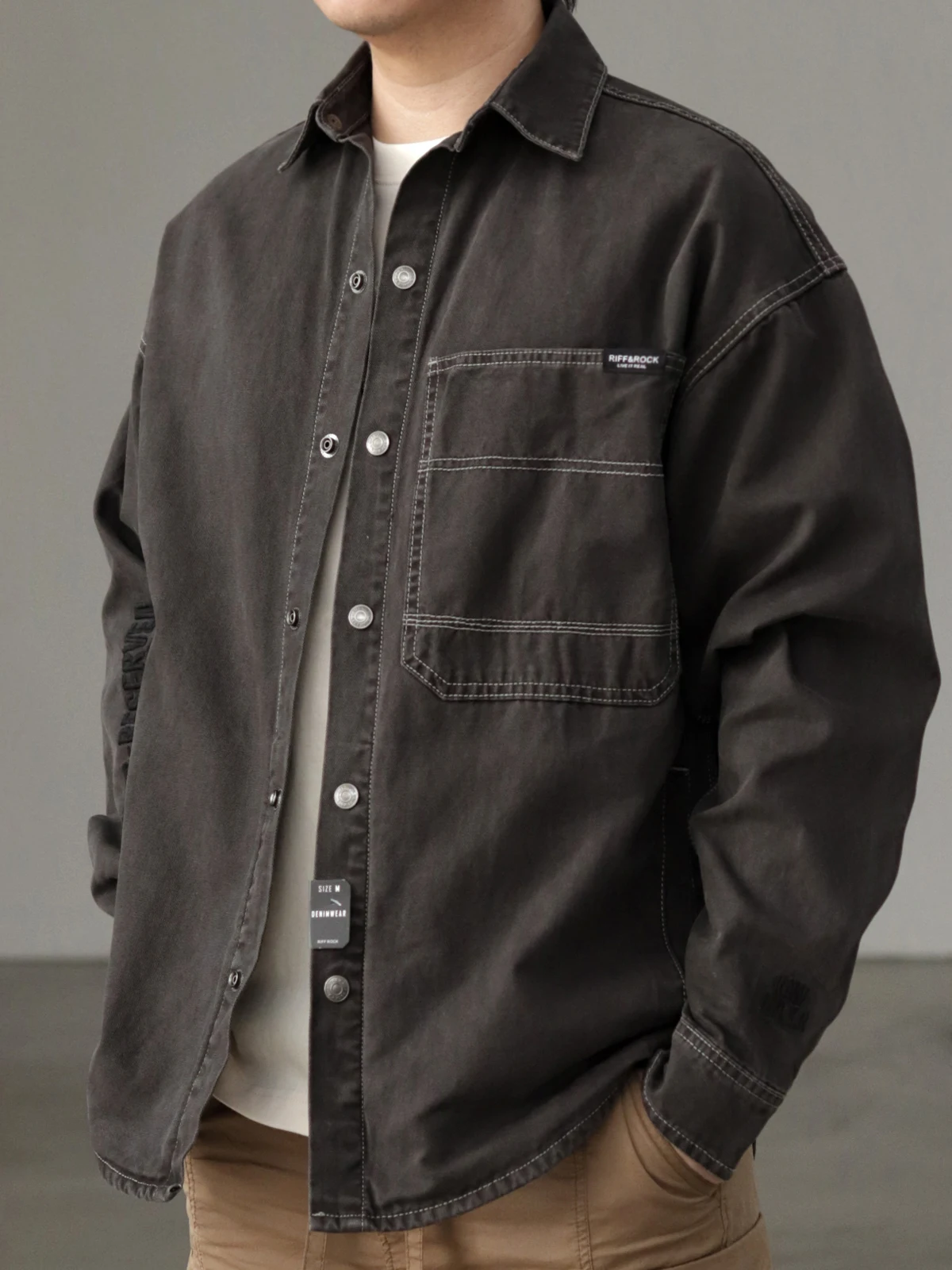 

Riff Ro Men's Workwear irt Jaet Loose Fit Cotton Pure Waed Retro American Sle Long Sve Embroidered Casual Coat