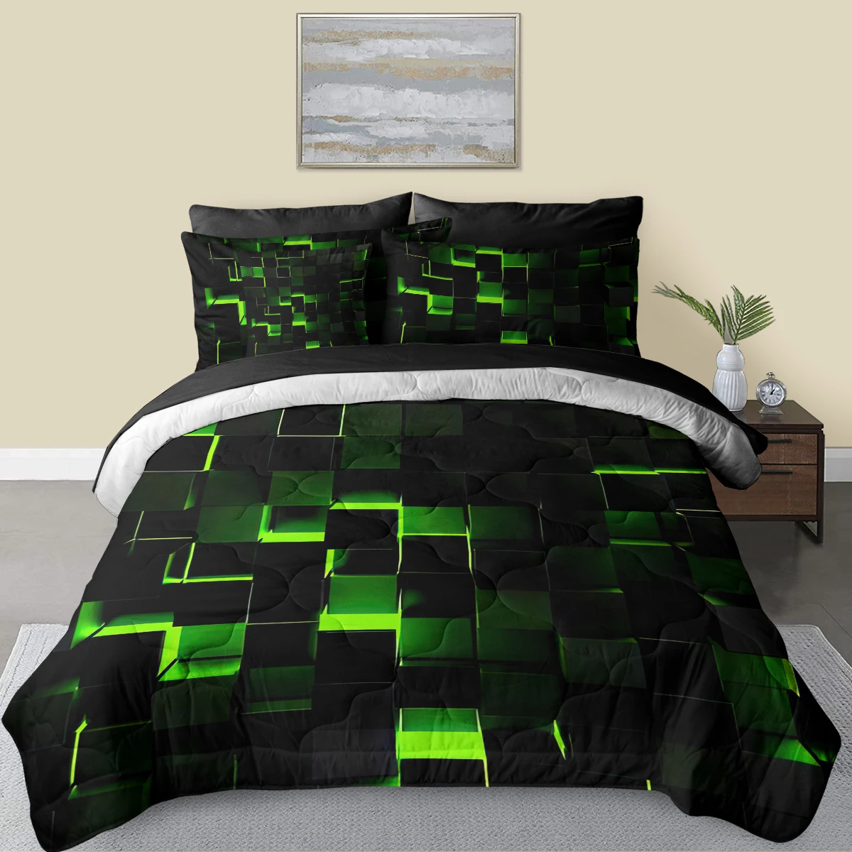 8 Piece Blocks with Green Light Printed Comforter Set with Black Flat Sheet Home Decor Suitable for All Seasons