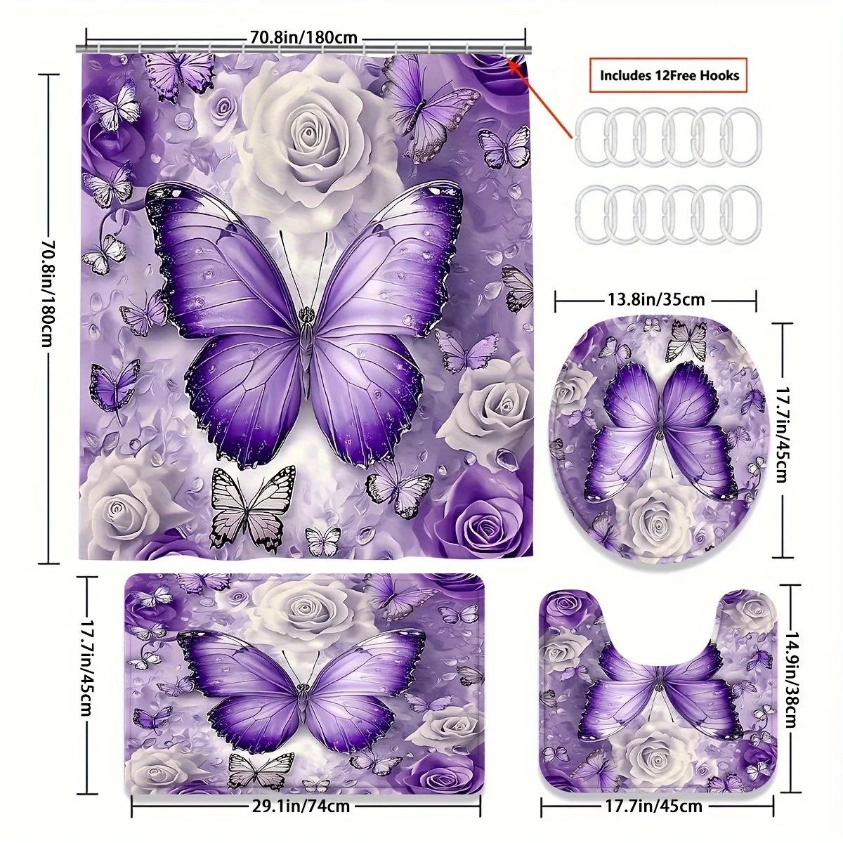 مجموعة ستائر دش أرجوانية مزخرفة بنمط الفراشة مكونة من قطعة واحدة، ستائر ديكور حمام أنيقة للسيدات، قماش بوليستر قابل للغسل #4