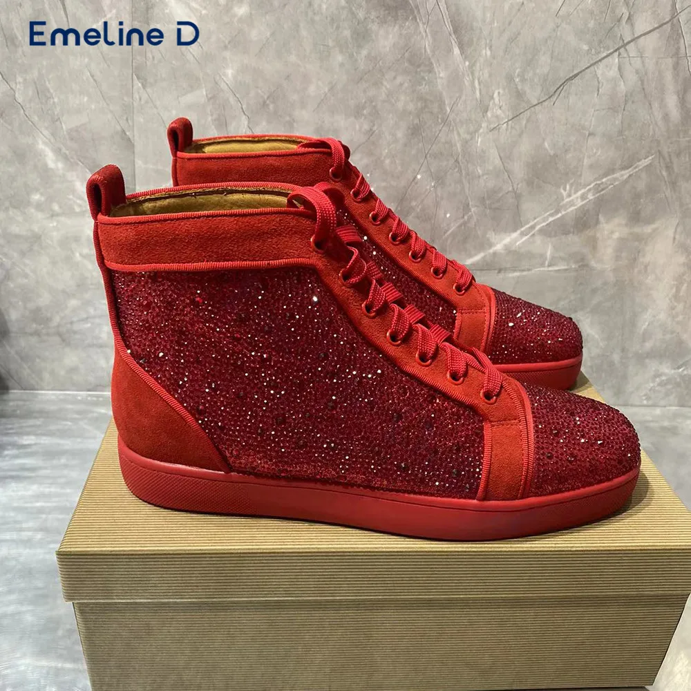 Vermelho cheio de diamante cristal tênis dedo do pé redondo rendas-up deslizamento fosco sapatos casuais de luxo personalidade da moda unisex sapatos