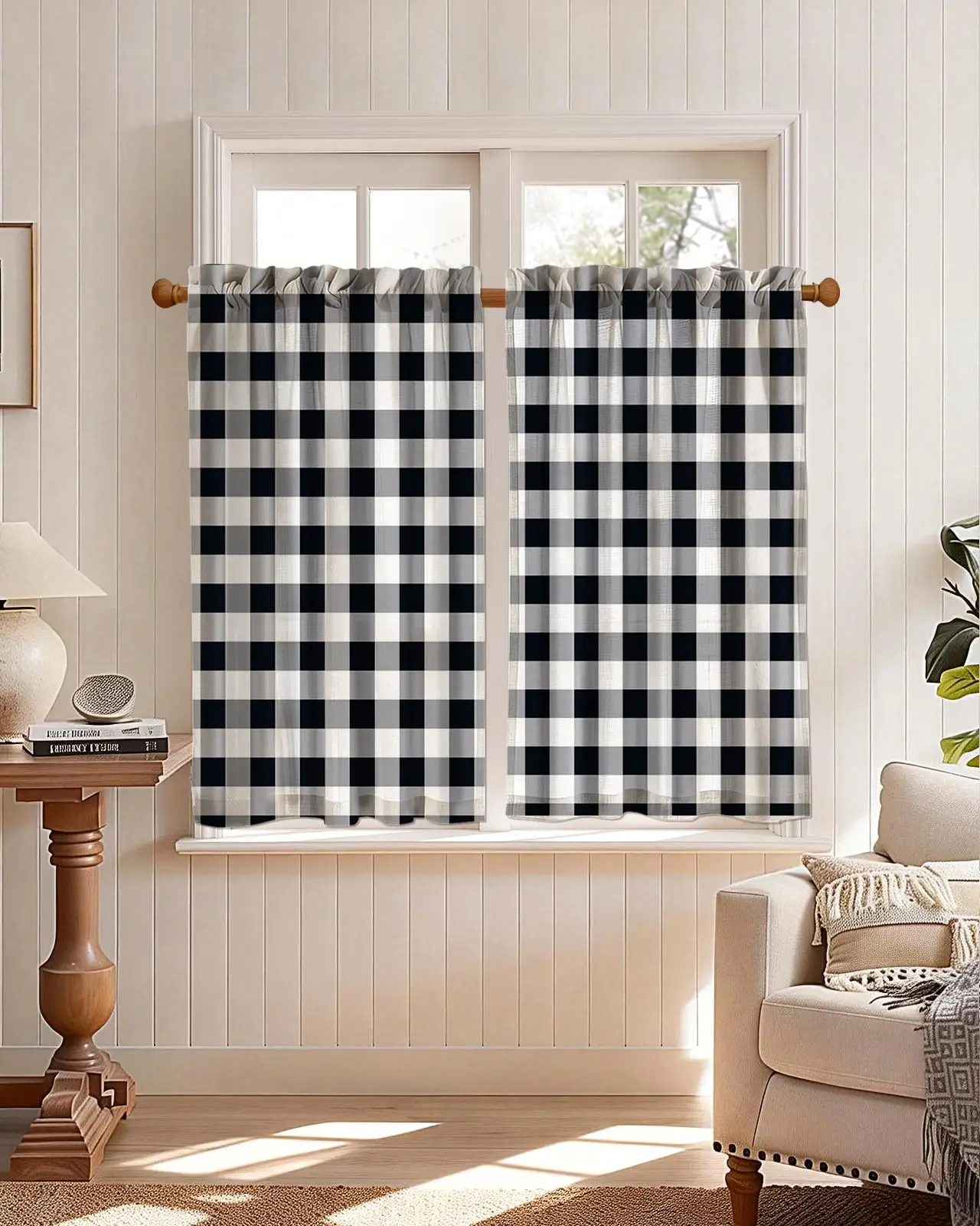 2Pcs Linen Blend Black Plaid Curtains Small Window 36 Inch Length Curtains Rod Pocket for Kitchen Bathroom Cafe Over Sink