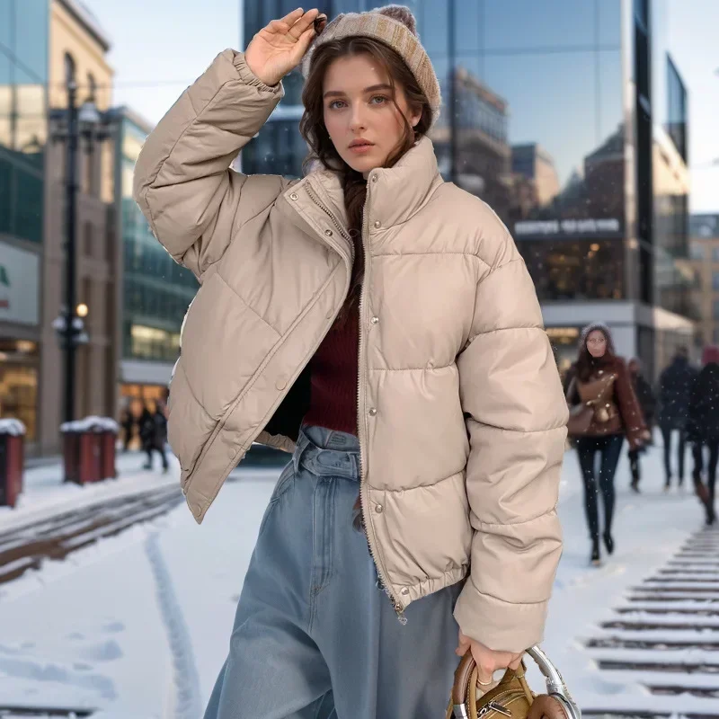 

Women's Winter Cotton Jacket Pure Color Stand Collar Warm Parkas Coats Female Casual Loose Bread Jacket Women's Clothing 2025