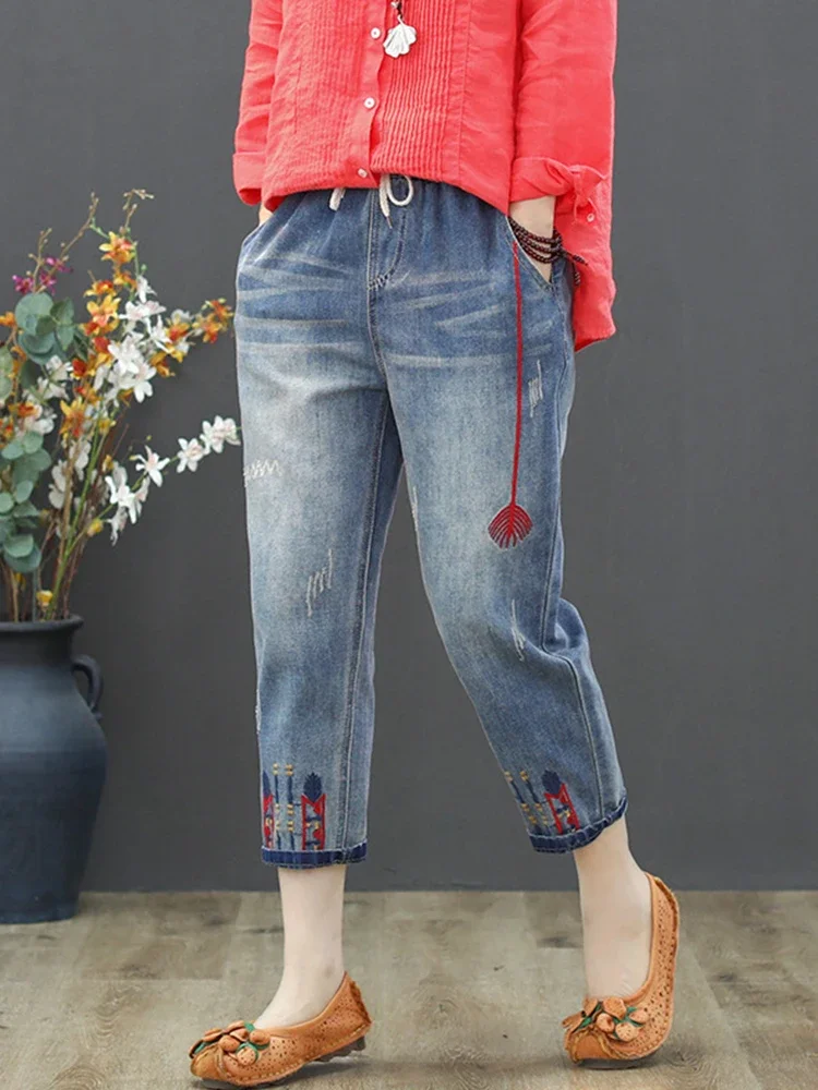 Mode été dames déchiré jean ample femmes loisirs broderie Denim pantalon Vintage femmes élastique sarouel