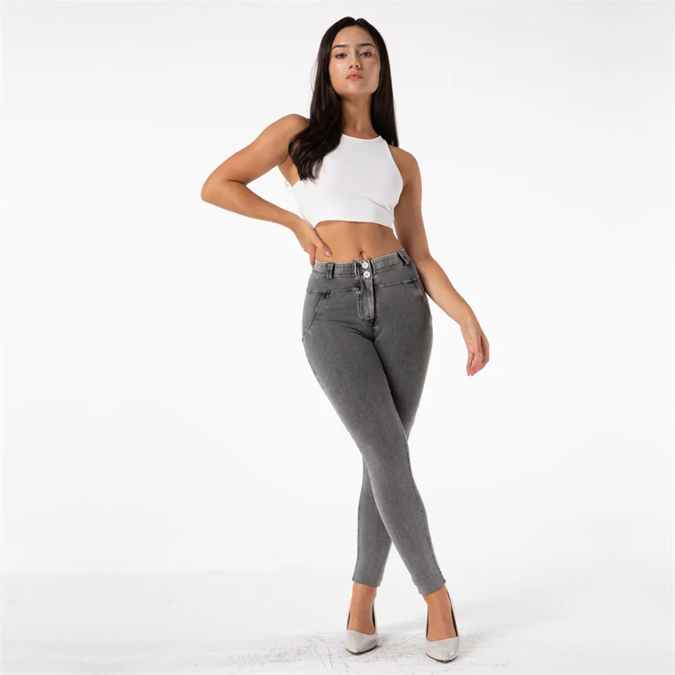 Shascullfites-pantalones vaqueros elásticos de cuatro vías para mujer, Vaqueros elásticos de Color gris, tiro medio, Push Up, pitillo de alta