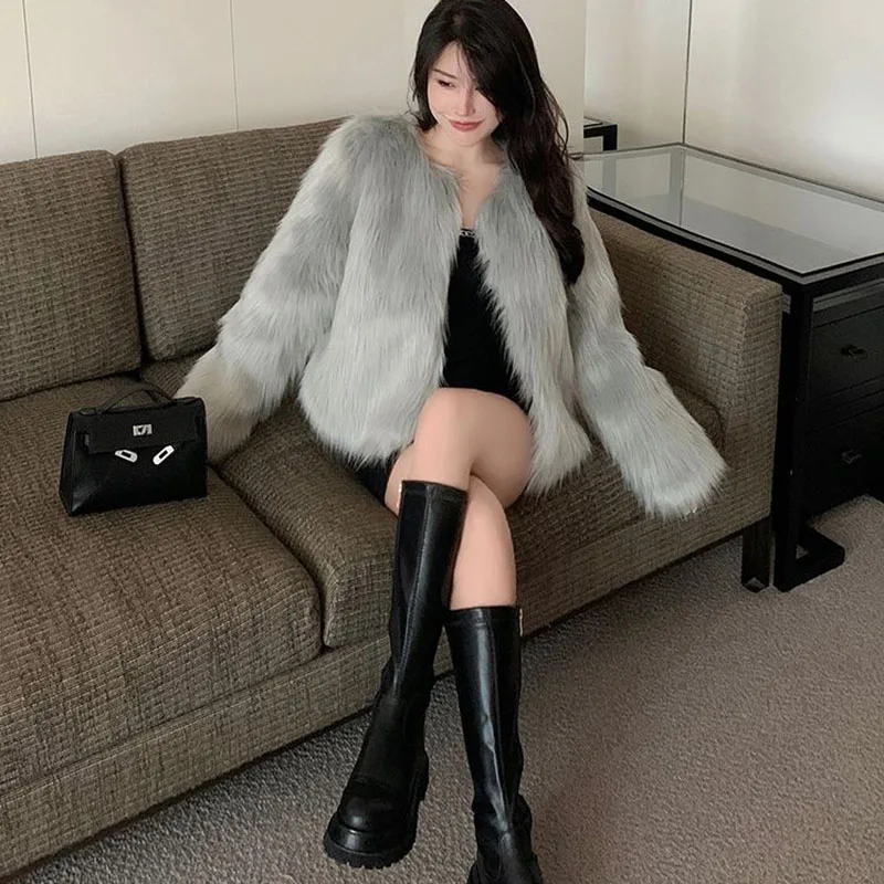 Lucyever Korean Fashion Faux Fox Fur Coat Ladies Luxury Short Imitation Fur Jackets Women High Quality Cardigan Plush Outerweart