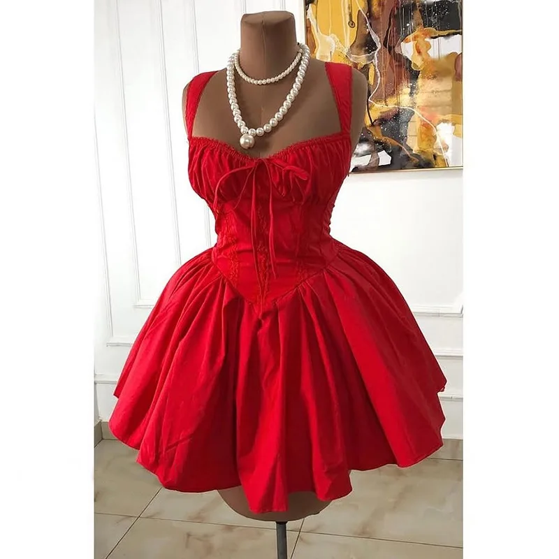 

New temperament bow high waist fishbone A word suspender short dress fashionable simple and versatile elegant holiday style high