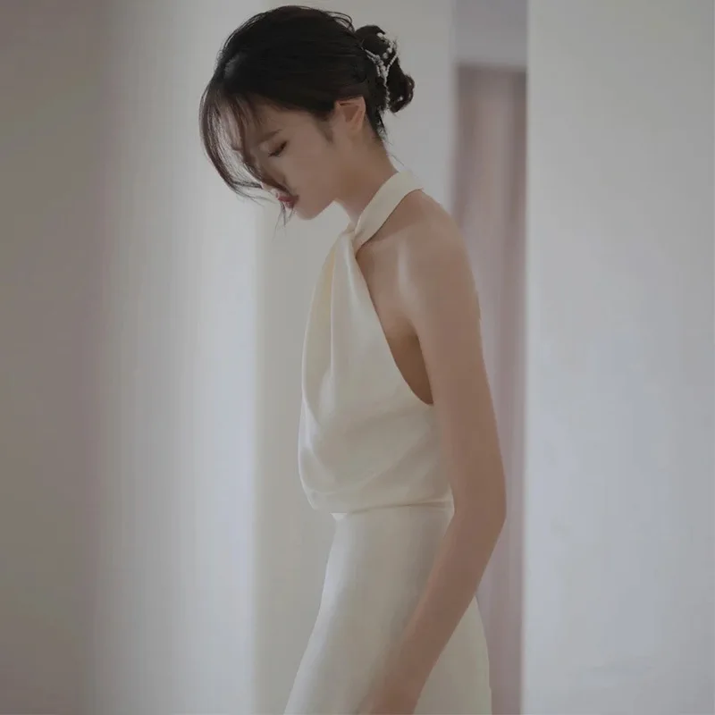 PJN 2025 NEW White Pearl Halter Backless Mermaid Wedding Dress for Bride Snapshot Dresses Women Formal Long Evening Party Dress