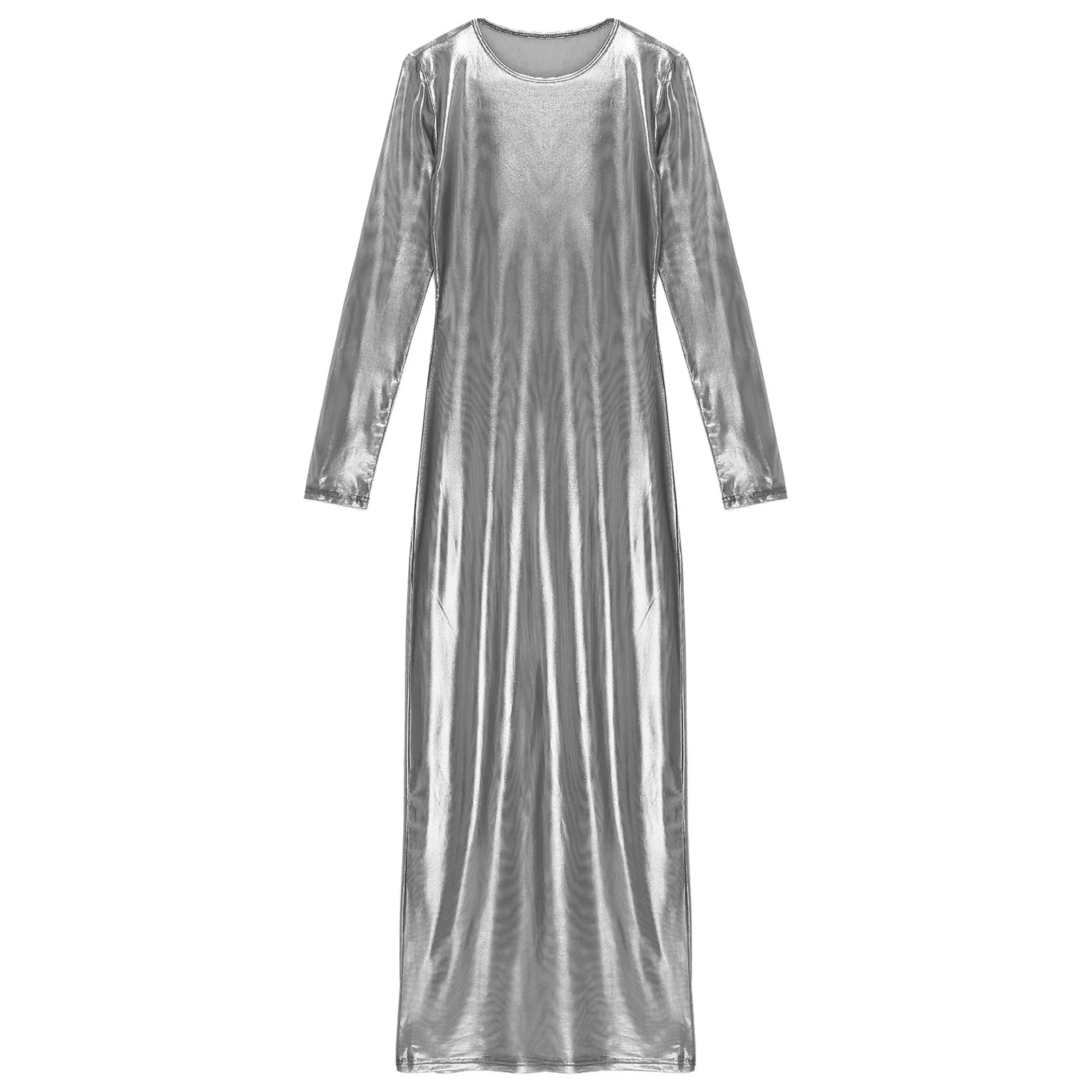

Women Sexy Translucent Sheath Dress Long Sleeve Metallic Glossy Maxi Dress See Through Glossy Night Club Party Dance Dress